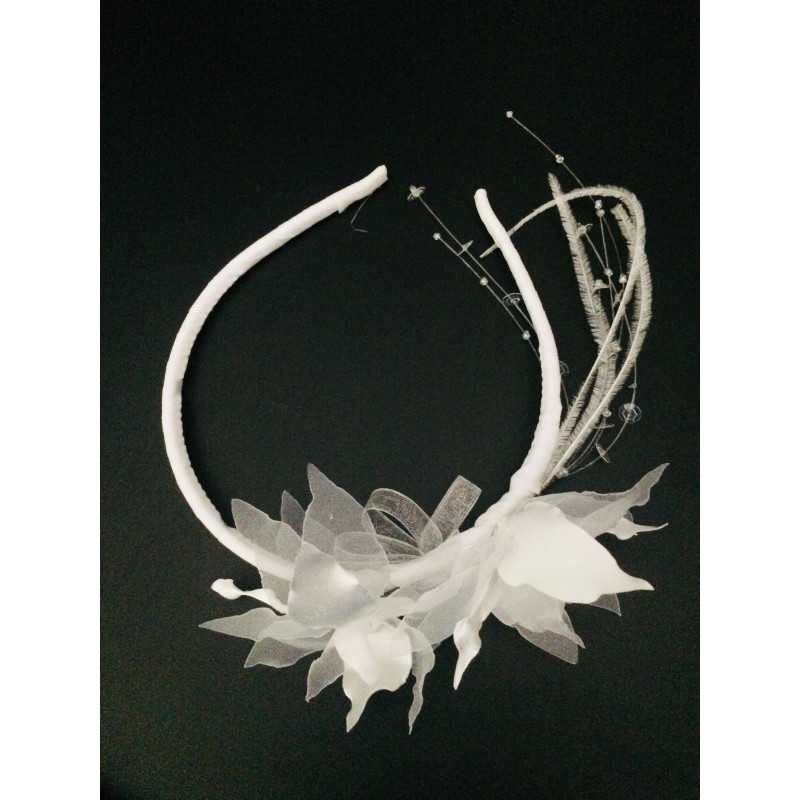 Unusual White Holy Communion Headband with Flowers and Feathers OW-406 Unusual White Holy Communion Headband with Flowers and Feathers OW-406