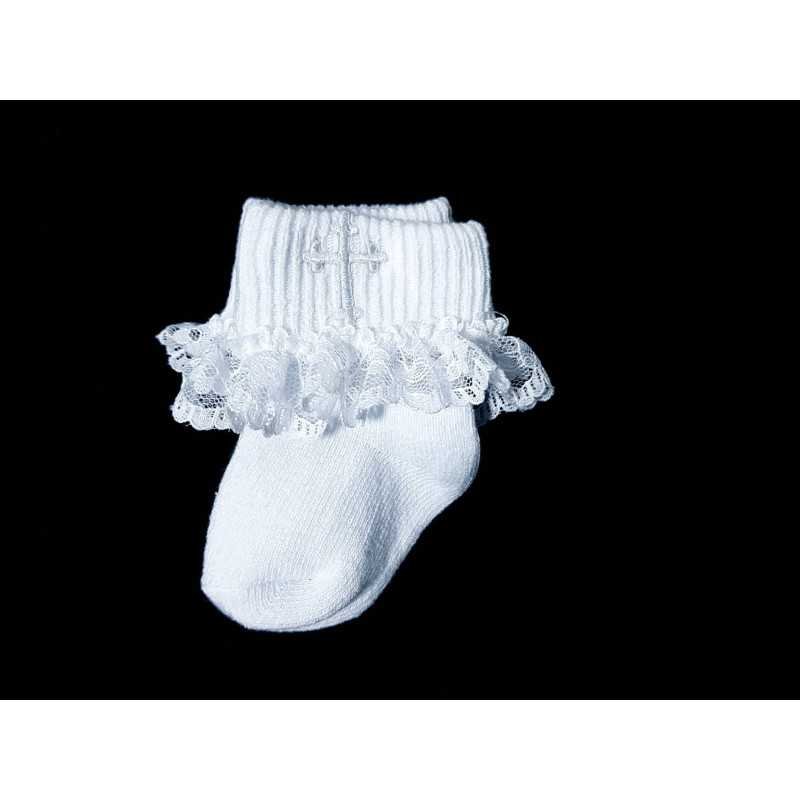 White Baby Girl Christening Socks with Cross and Lace Frill White Baby Girl Christening Socks with Cross and Lace Frill
